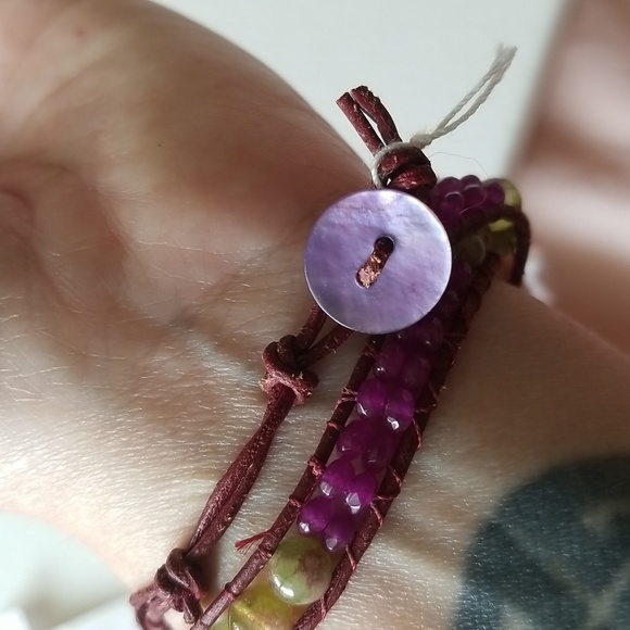 Handmade Purple and Green Beaded Wrap Bracelet - Picture 3 of 6